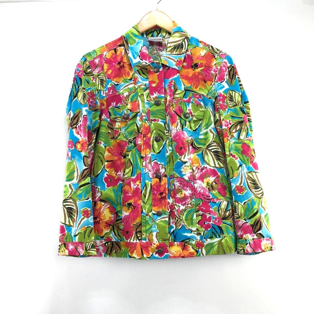 Chico's Jacket Women's Sz 1/M Floral Print Multicolor Trucker Style Stretchy